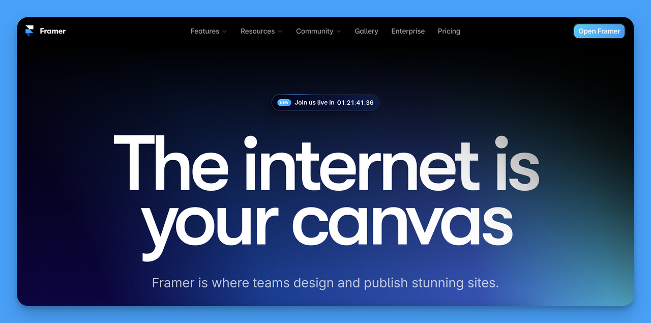 Secreenshoot of the homepage of Framer, the best website builder for small businesses looking for easy-to-use and appealing website builder