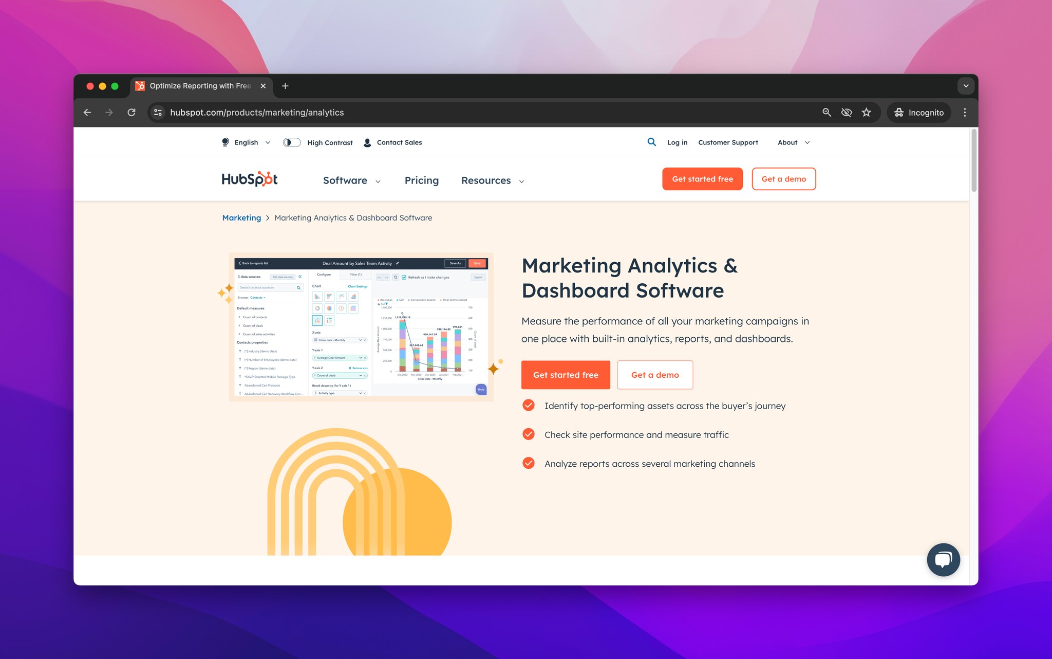 landing page of HubSpot's Marketing Analytics & Dashboard Software which is a website analytics tool