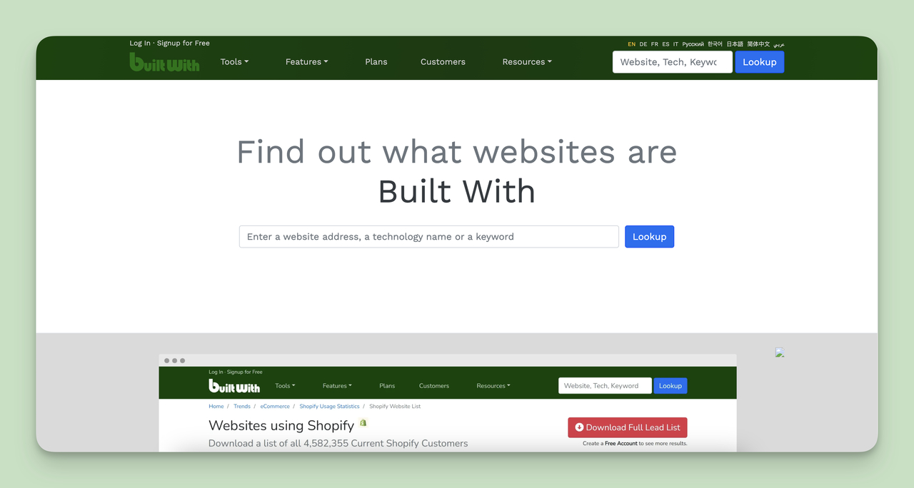 Screenshot of Builtwith home page, one of the Competitor Monitoring Tools.