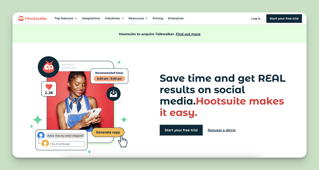 Screenshot of Hootsuite home page, one of the Competitor Monitoring Tools.