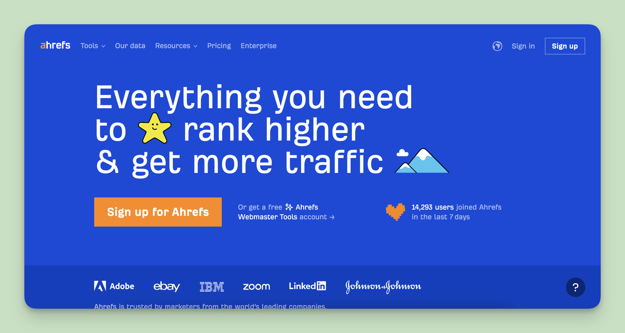 Screenshot of Ahrefs home page, one of the Competitor Monitoring Tools.