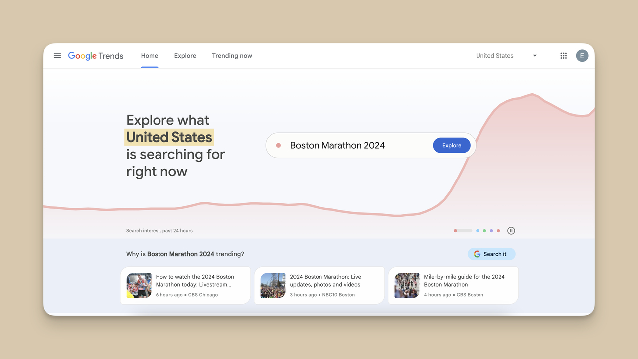 Screenshot of the homepage of Google Trends, one of the Content Planning and Research Tools