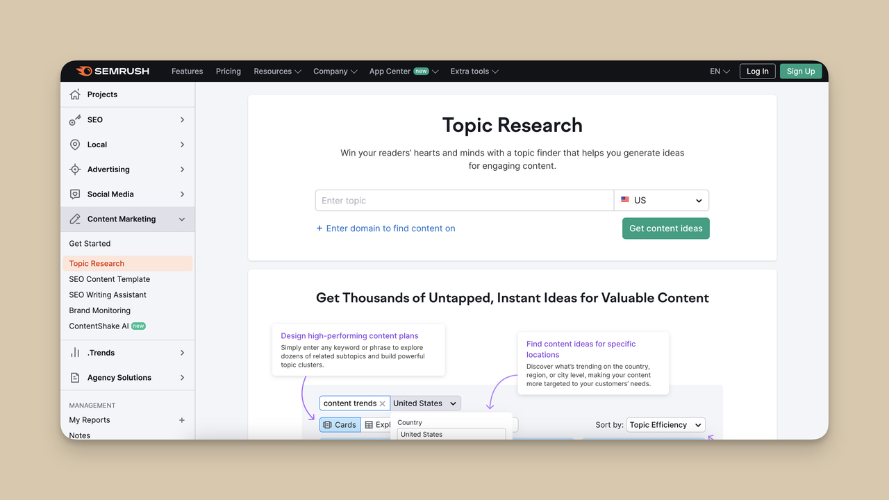 Screenshot of the homepage of Semrush Topic Research, one of the Content Planning and Research Tools