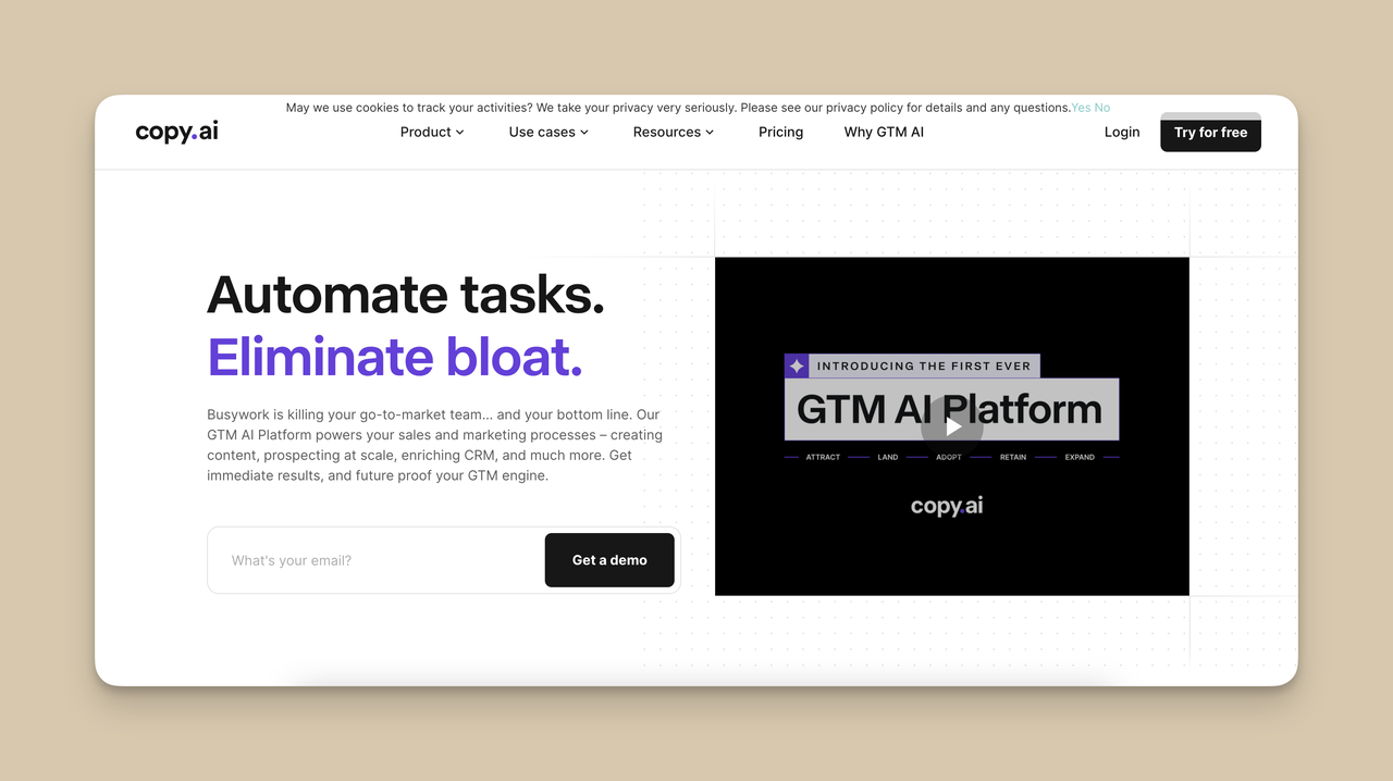 Screenshot of the homepage of Copy.ai, one of the Content Planning and Research Tools