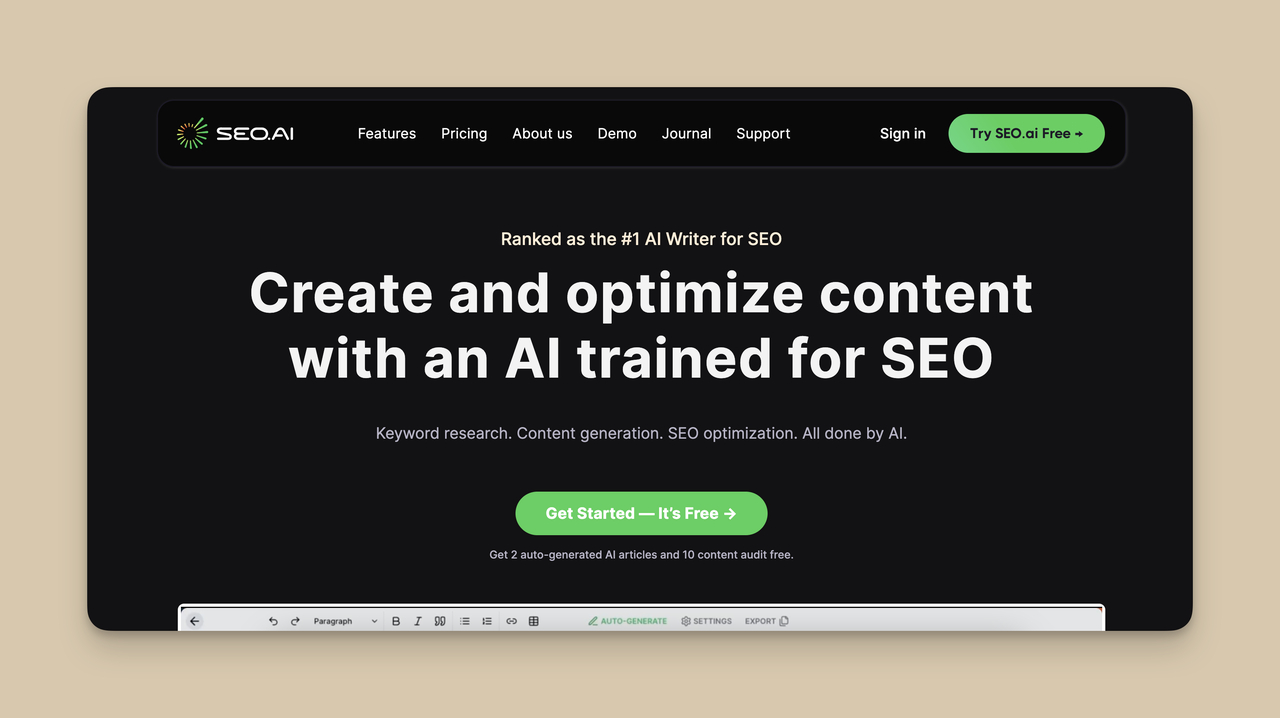 Screenshot of the homepage of SEO.ai, one of the Content Planning and Research Tools