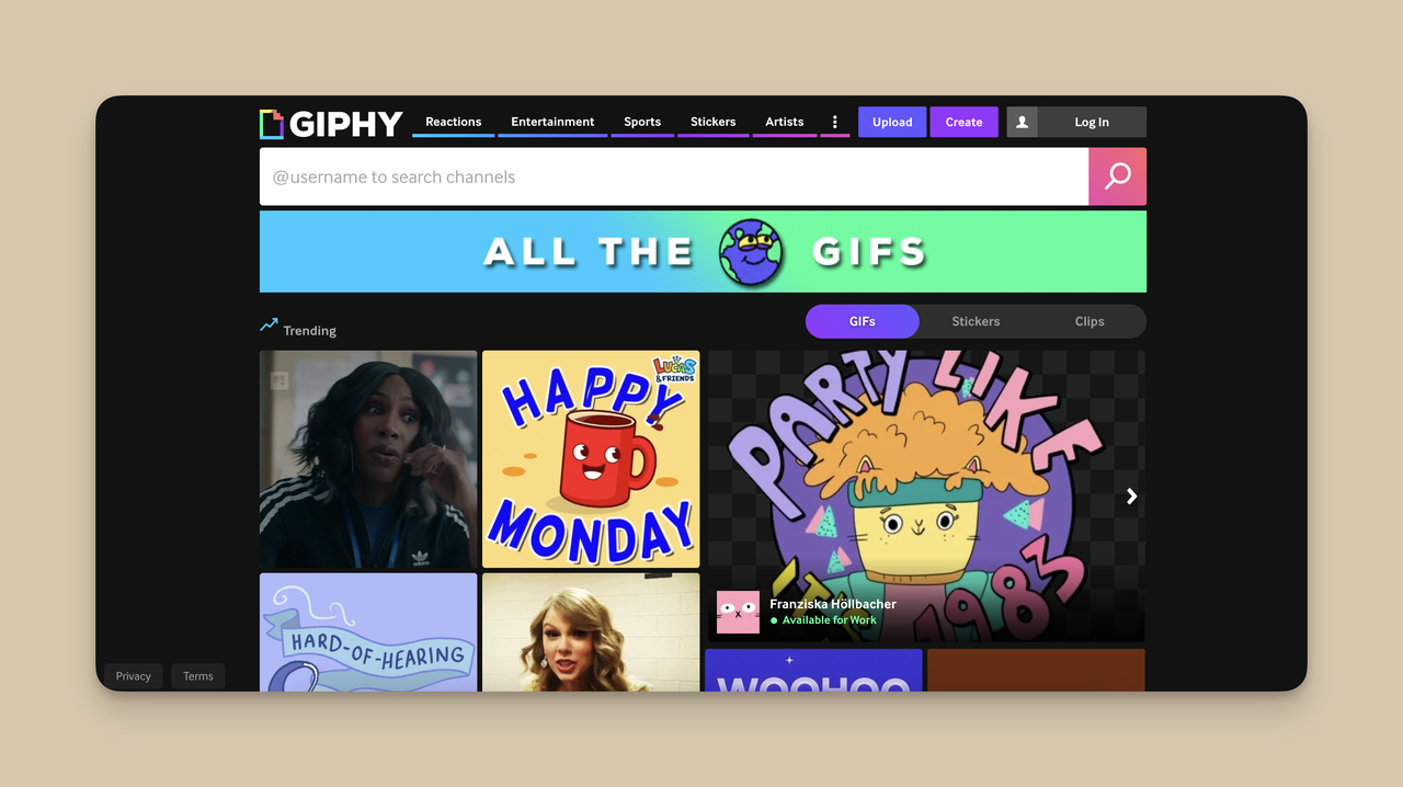 Screenshot of the homepage of GIPHY, one of the Content Planning and Research Tools