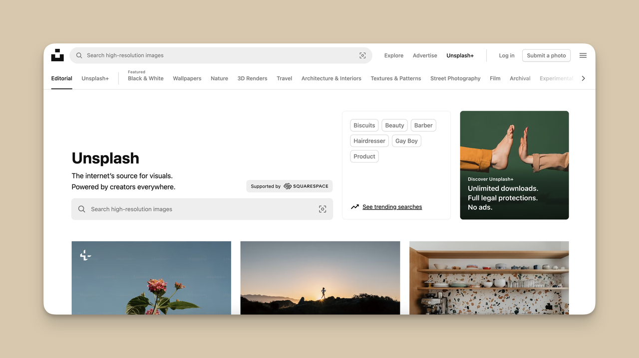 Screenshot of the homepage of Unsplash, one of the Content Planning and Research Tools