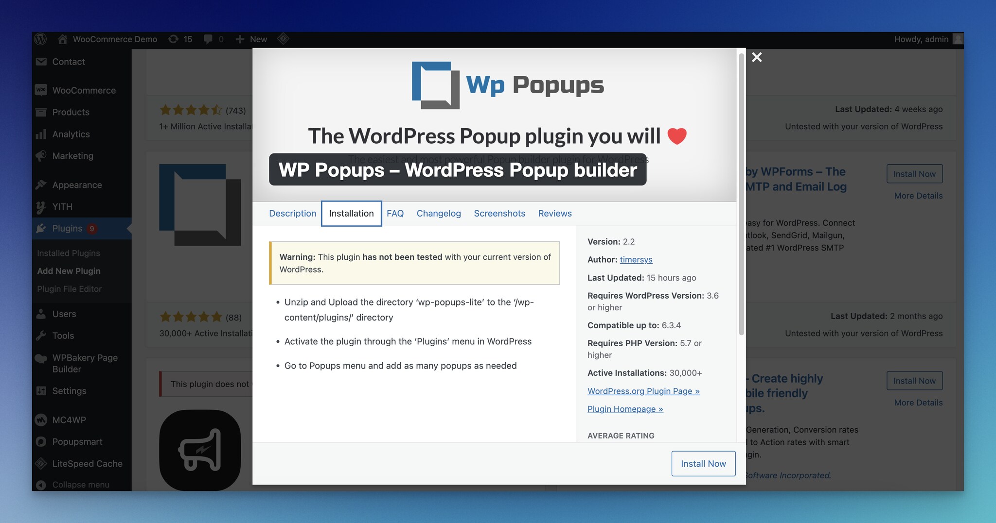 WordPress plugin details of WP Popups
