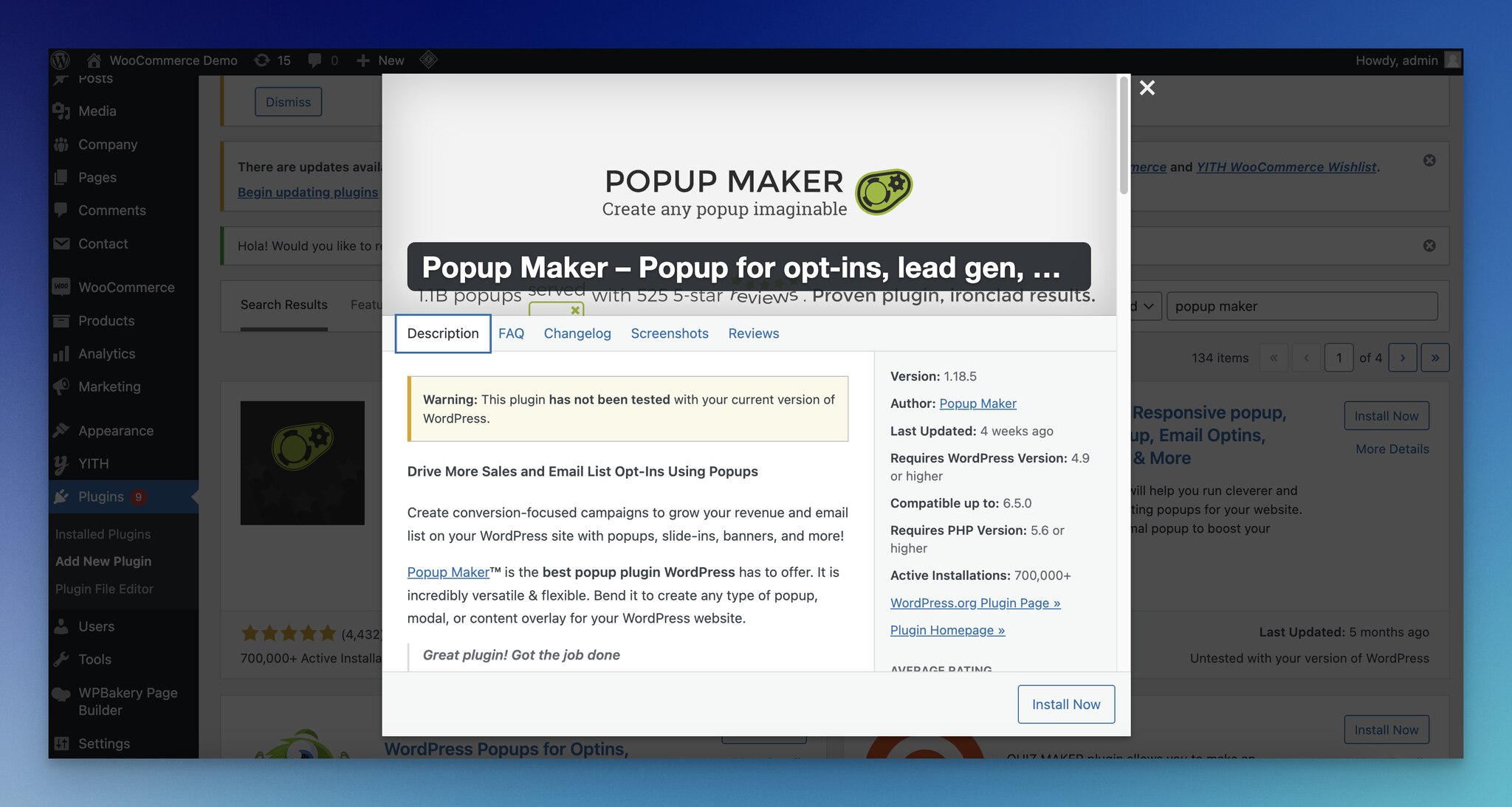 WordPress plugin details of Popup Maker