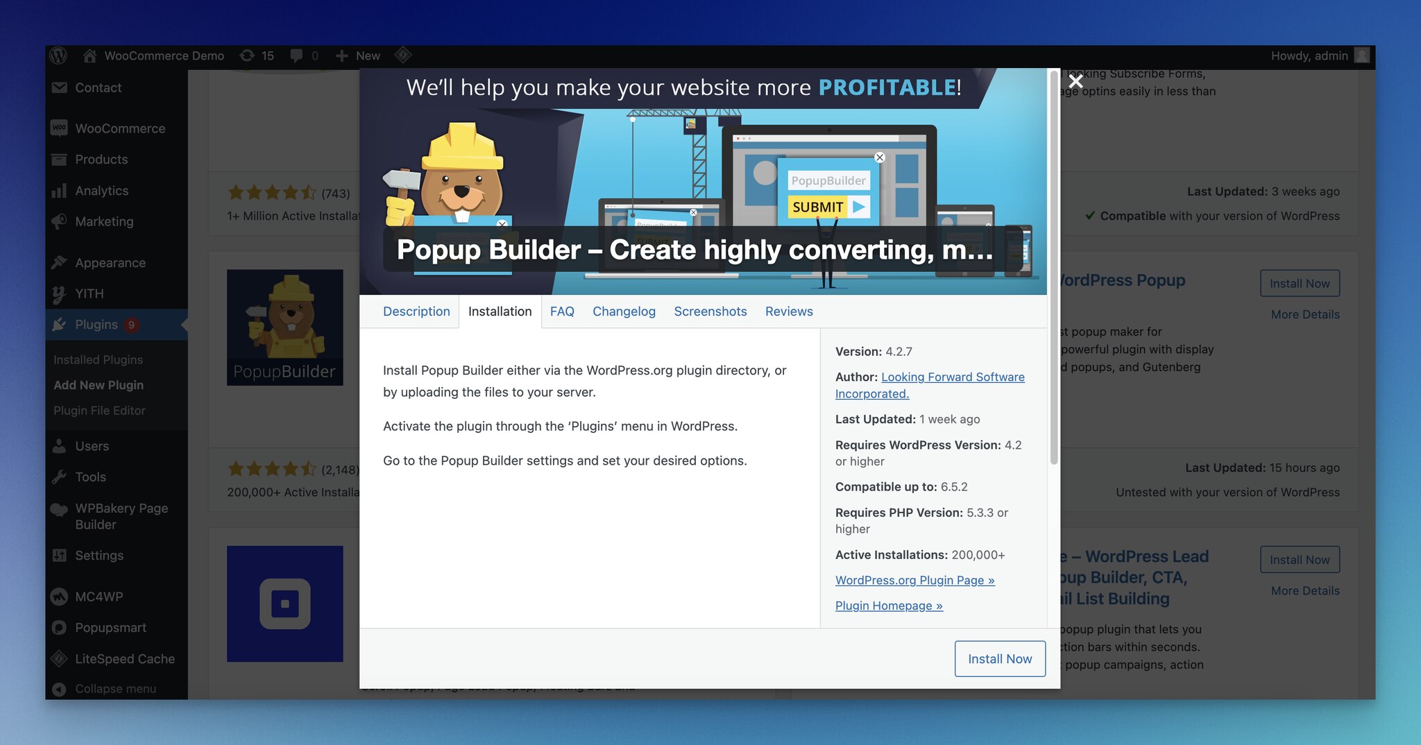 WordPress plugin details of Popup Builder