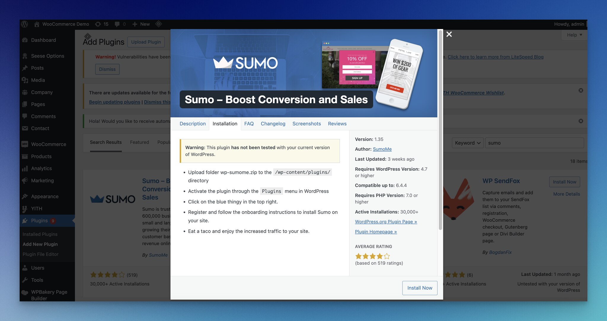 WordPress plugin details of Sumo