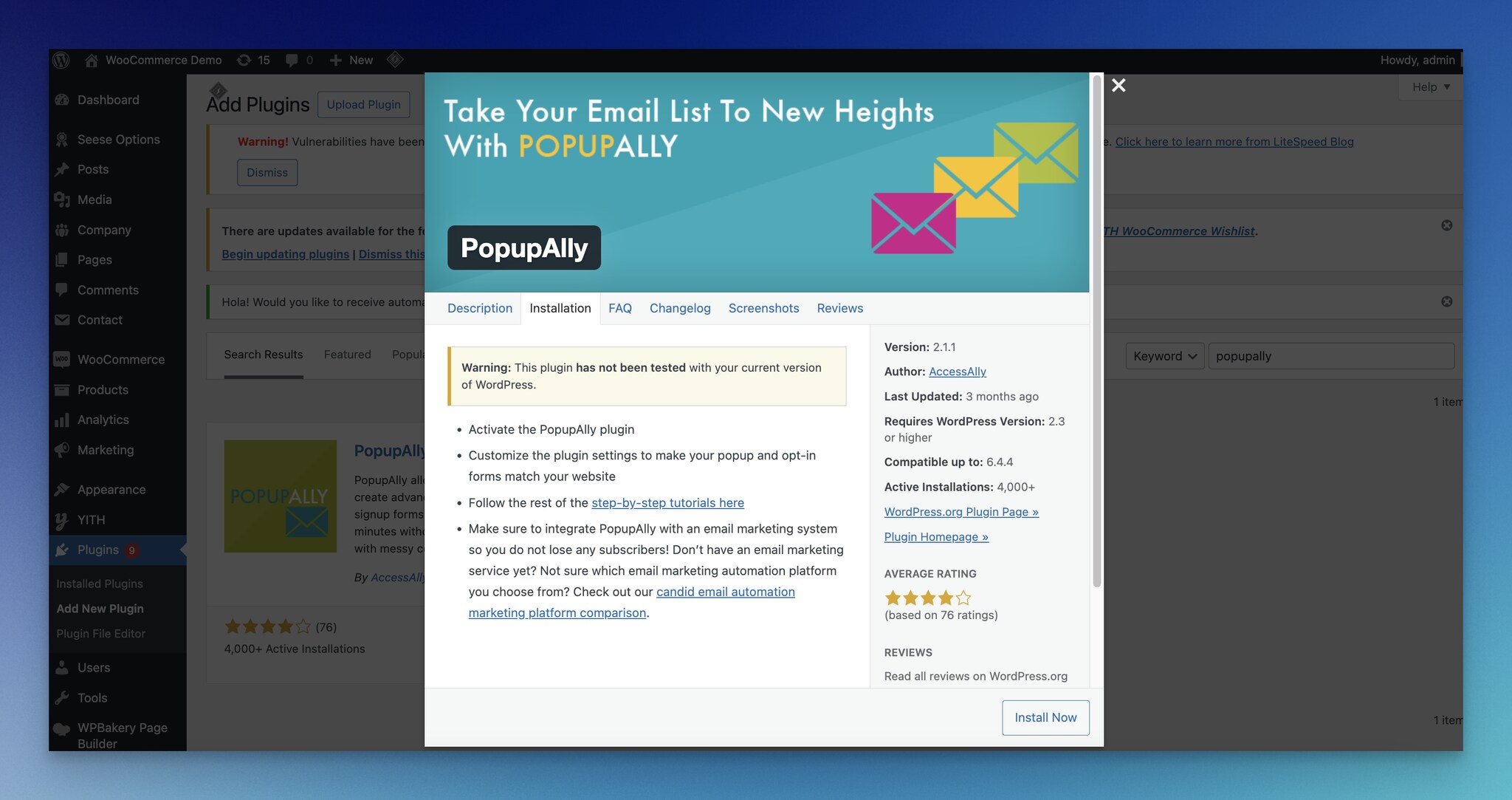 WordPress plugin details of PopupAlly