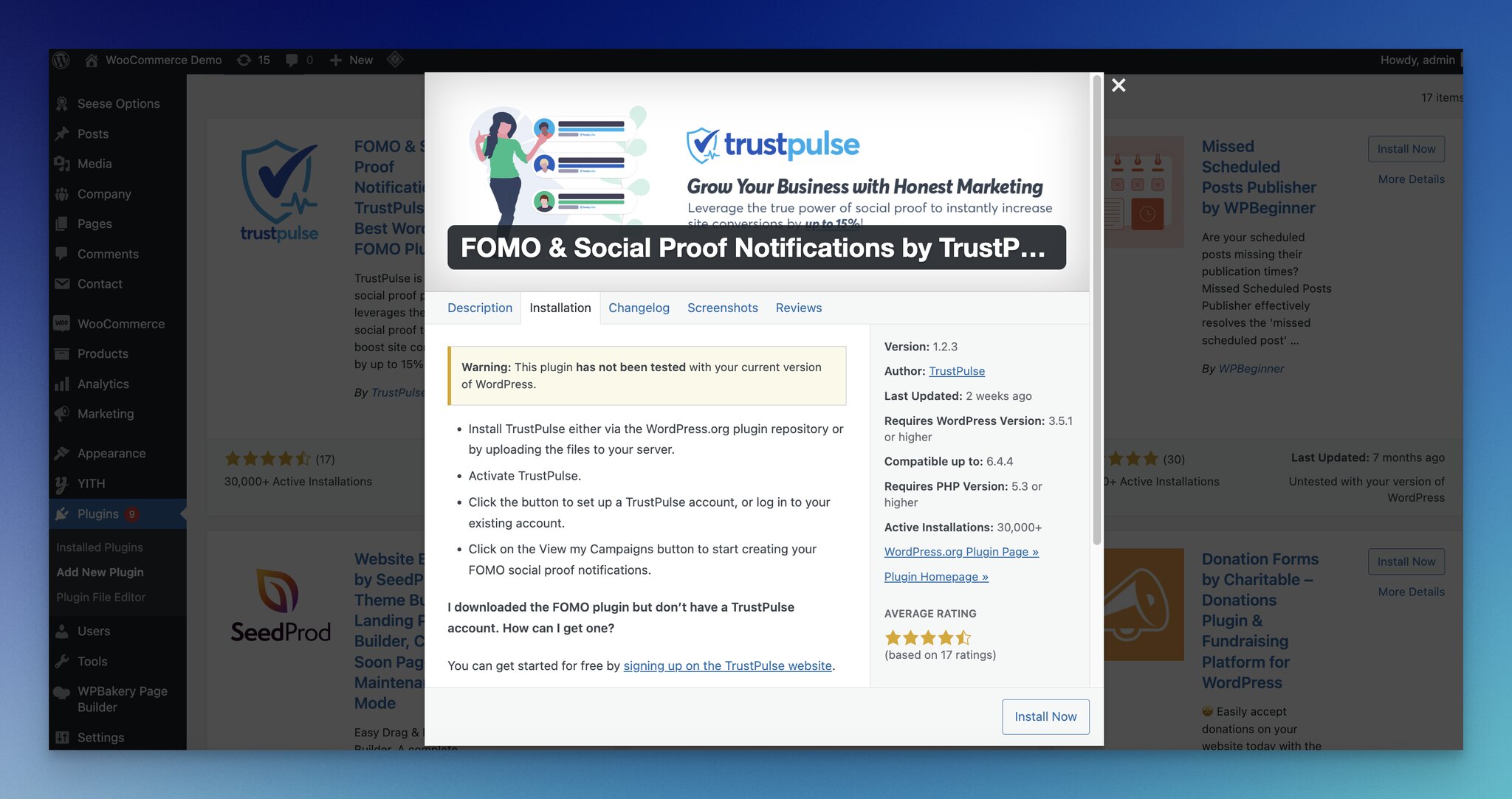 WordPress plugin details of TrustPulse