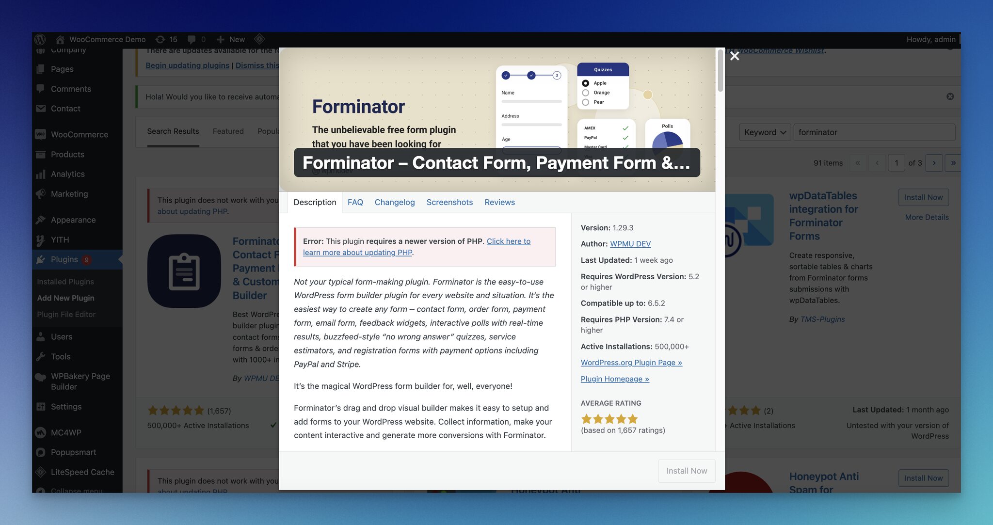 WordPress plugin details of Forminator