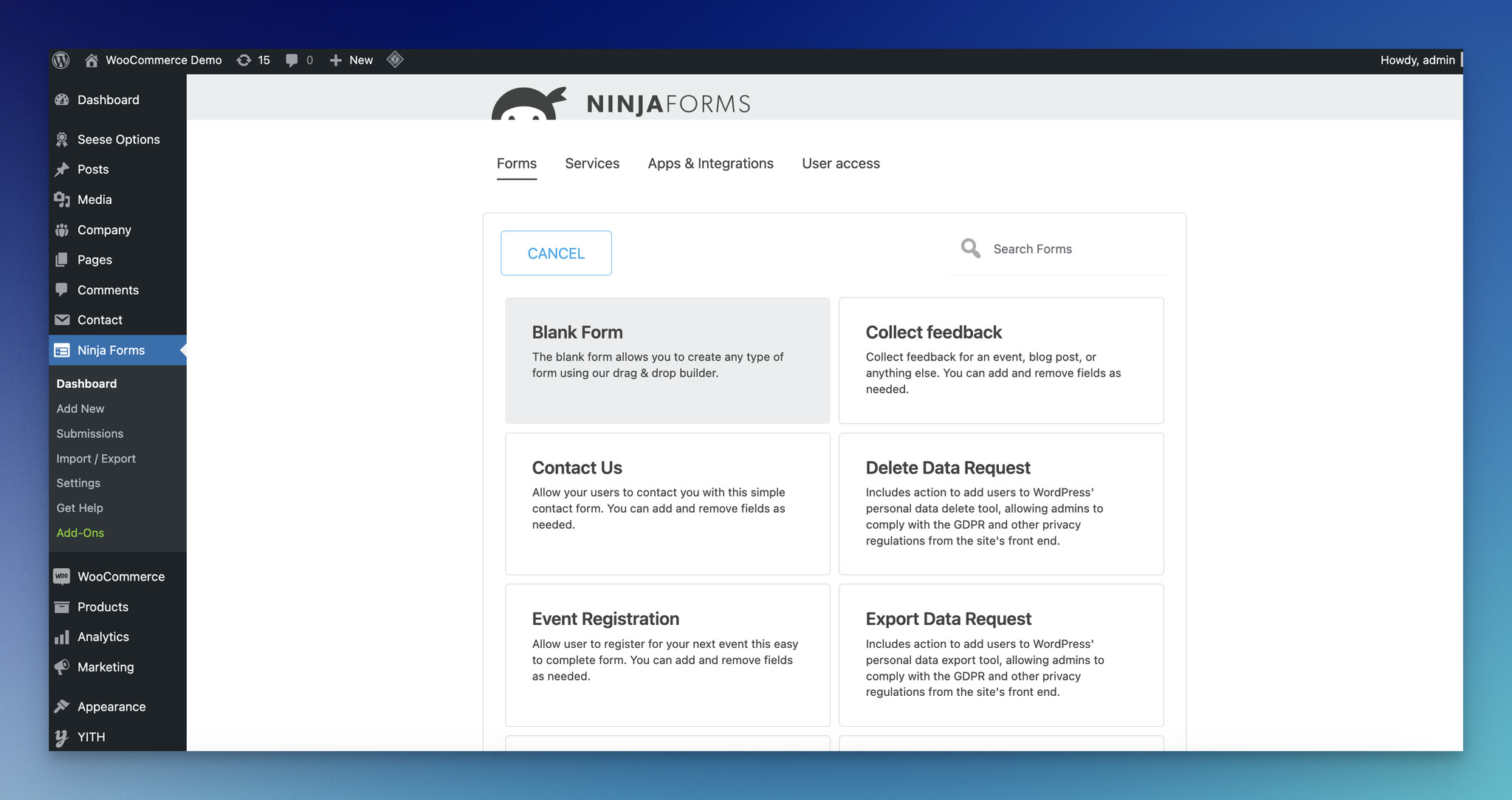 User interface of Ninja Forms