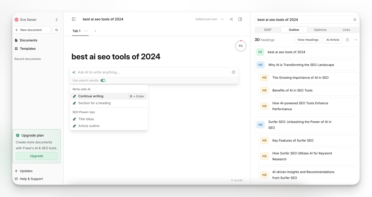 AI Writing & Optimizing feature of AI SEO Tool: Frase
