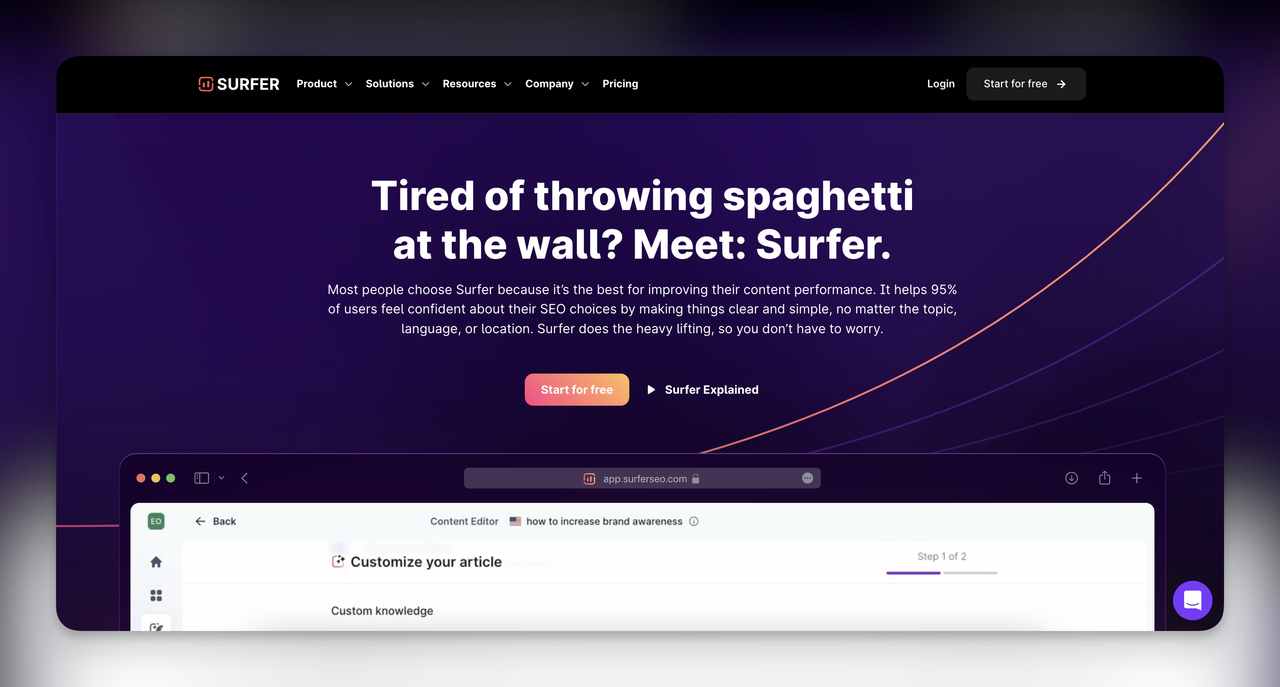 Screenshot of the homepage of Surfer AI, the Best AI Tool.