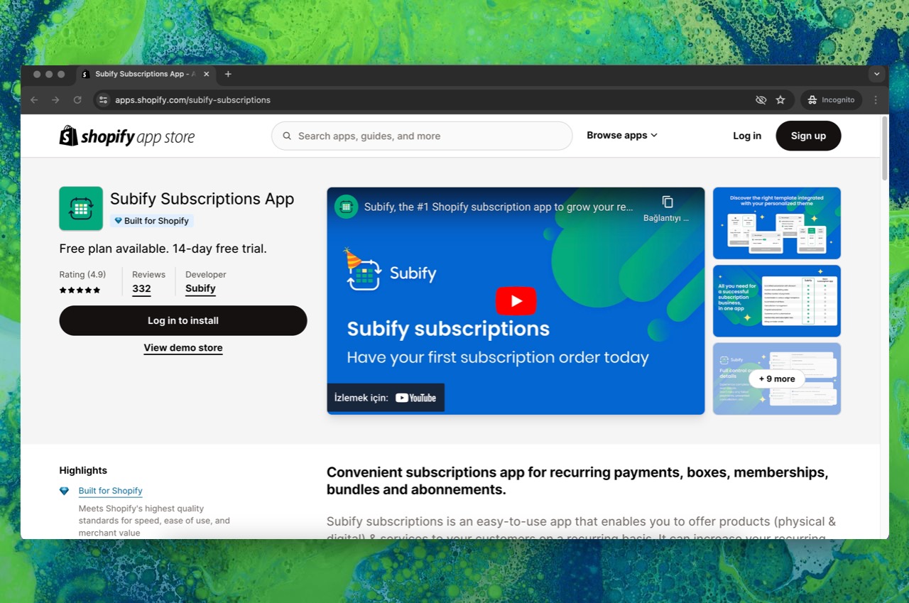 Subify Subscriptions App page on Shopify app store