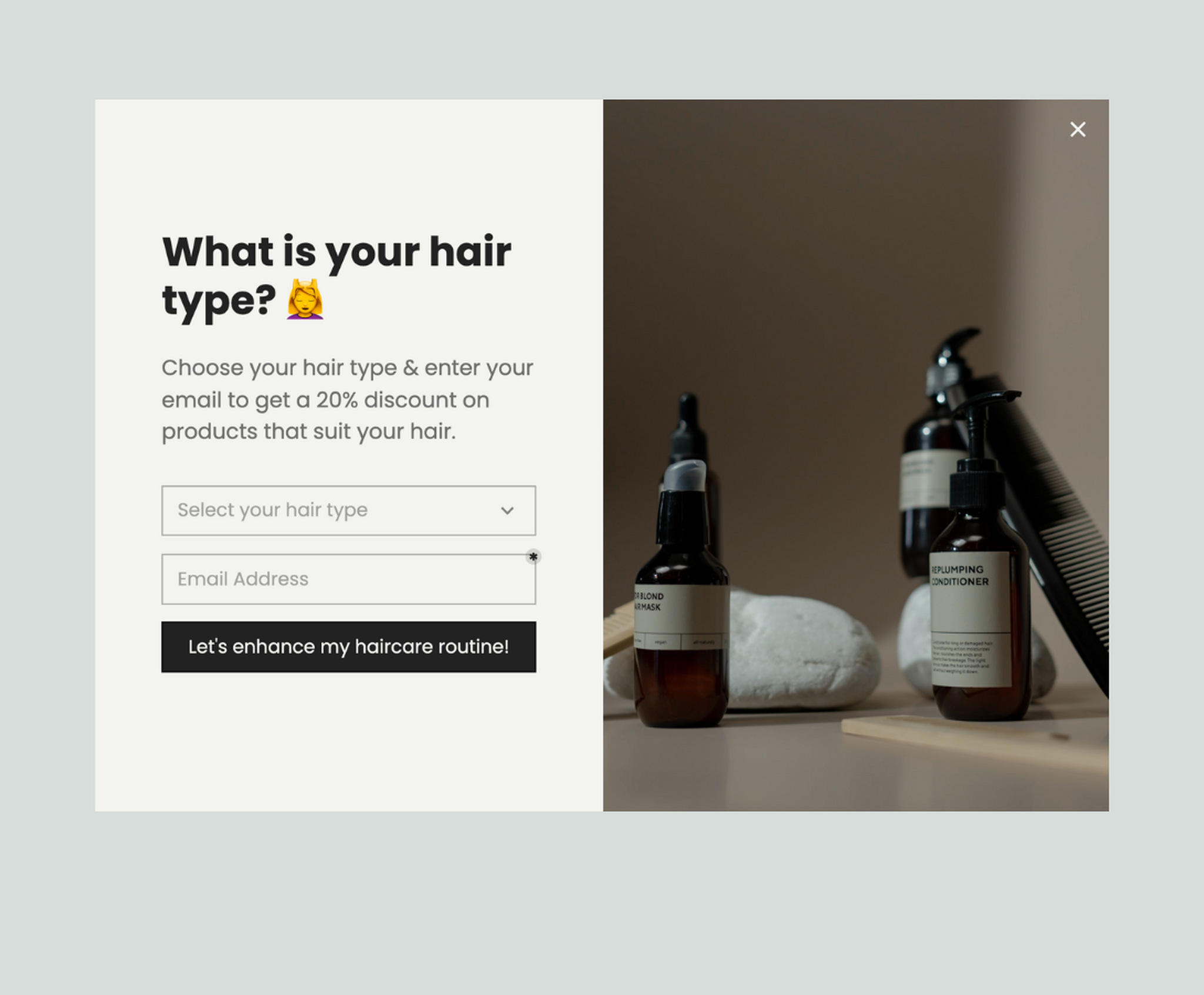 a quiz popup example for customer engagement that says "What is your hair type" 