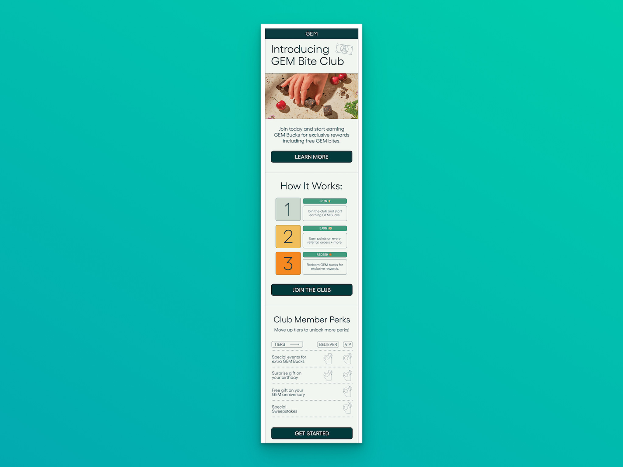 customer loyalty program email example of GEM that says "Introducing GEM Bite Club"