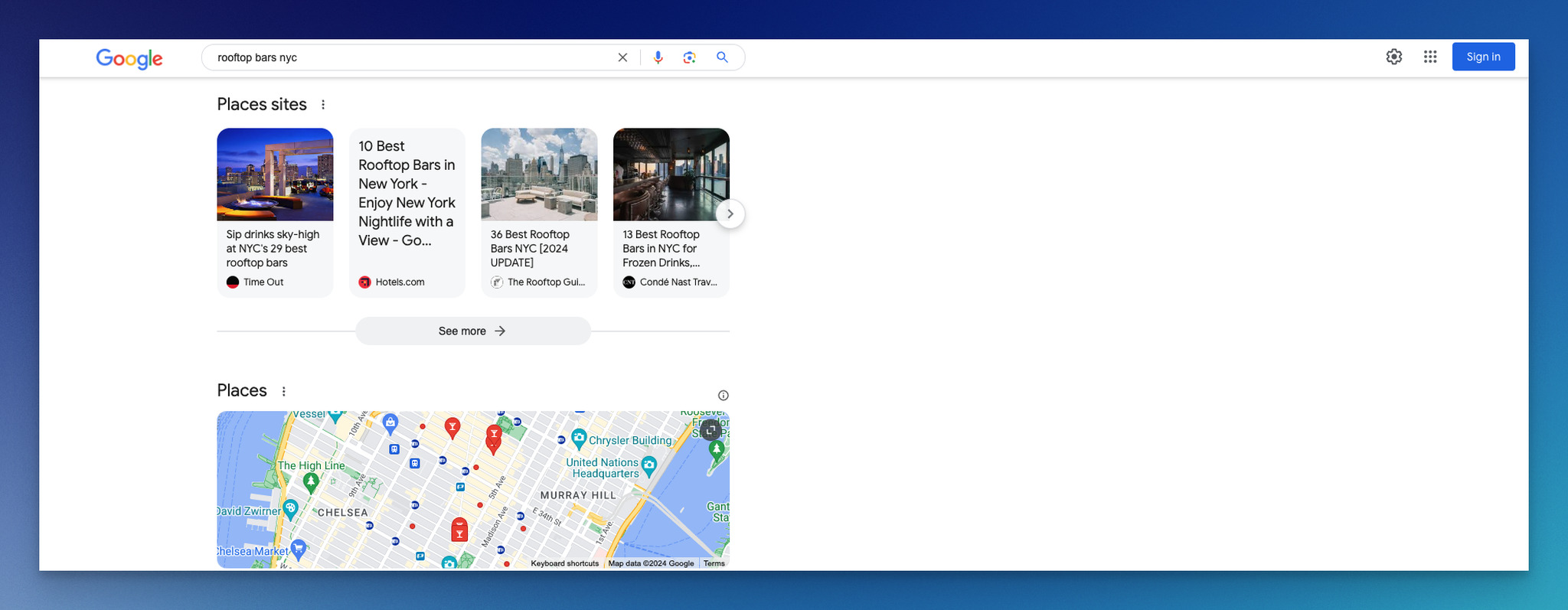 local SEO Google Search example for the search term "rooftop bars nyc" 
