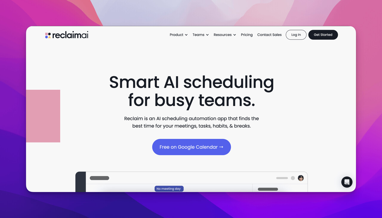 The homepage screenshot of ReclaimAI which is one of the best AI scheduling assistant tools