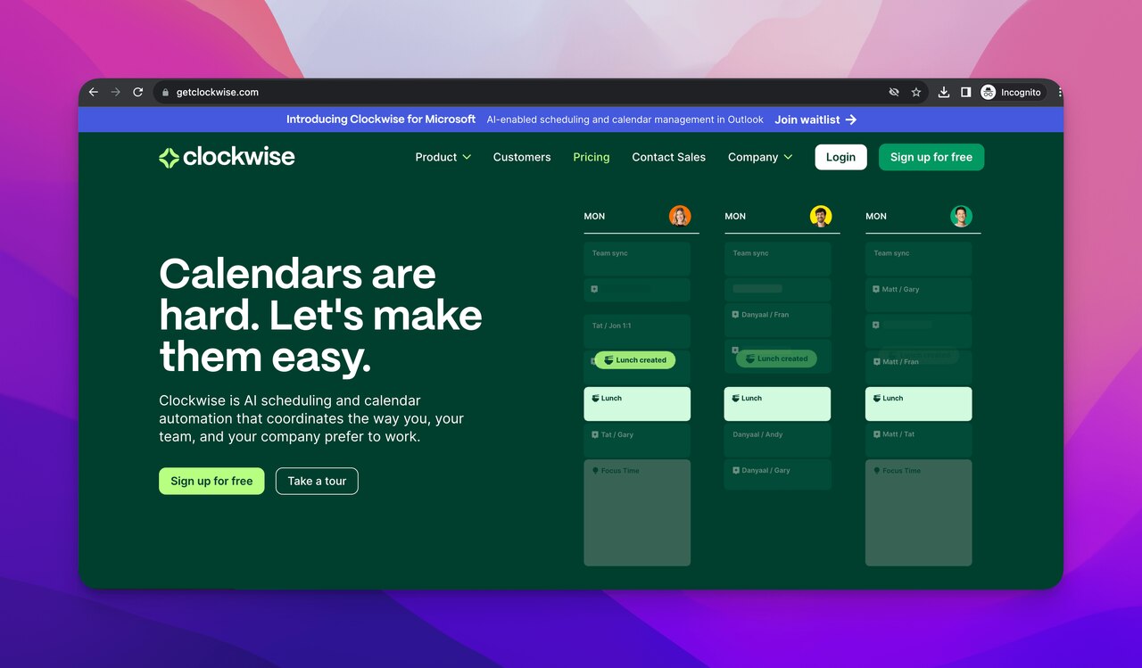 The homepage screenshot of Clockwise which is one of the best AI scheduling assistant tools