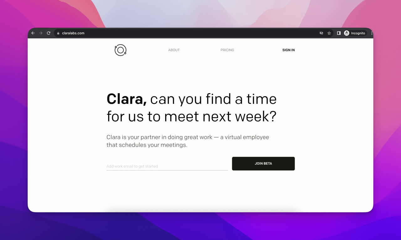 The homepage screenshot of Clara Labs which is one of the best AI scheduling assistant tools