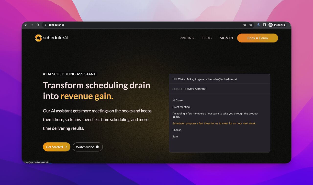 The homepage screenshot of Scheduler AI which is one of the best AI scheduling assistant tools