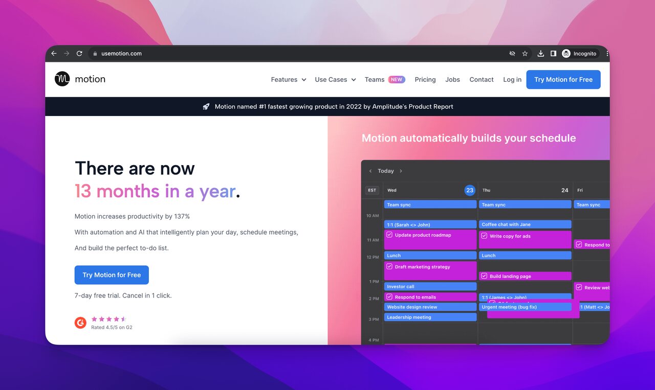 The homepage screenshot of Motion which is one of the best AI scheduling assistant tools