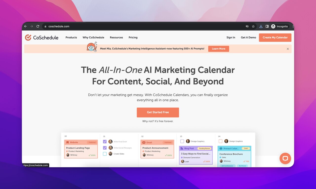 The homepage screenshot of CoSchedule which is one of the best AI scheduling assistant tools