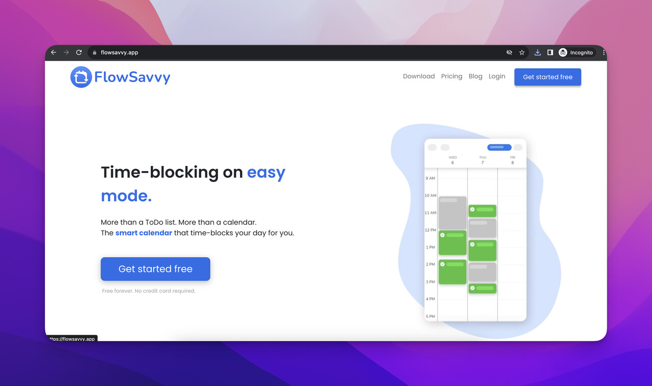 The homepage screenshot of FlowSavy which is one of the best AI scheduling assistant tools