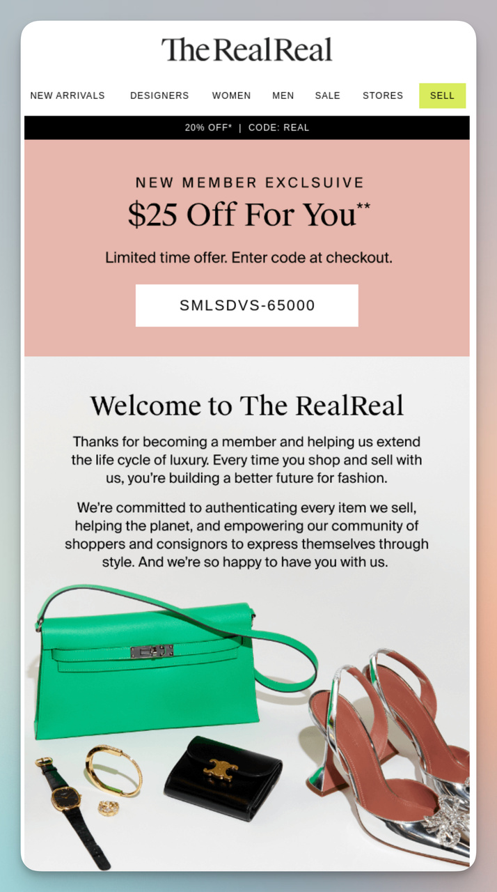 Example of Welcome Email with Incentive from TheRealReal