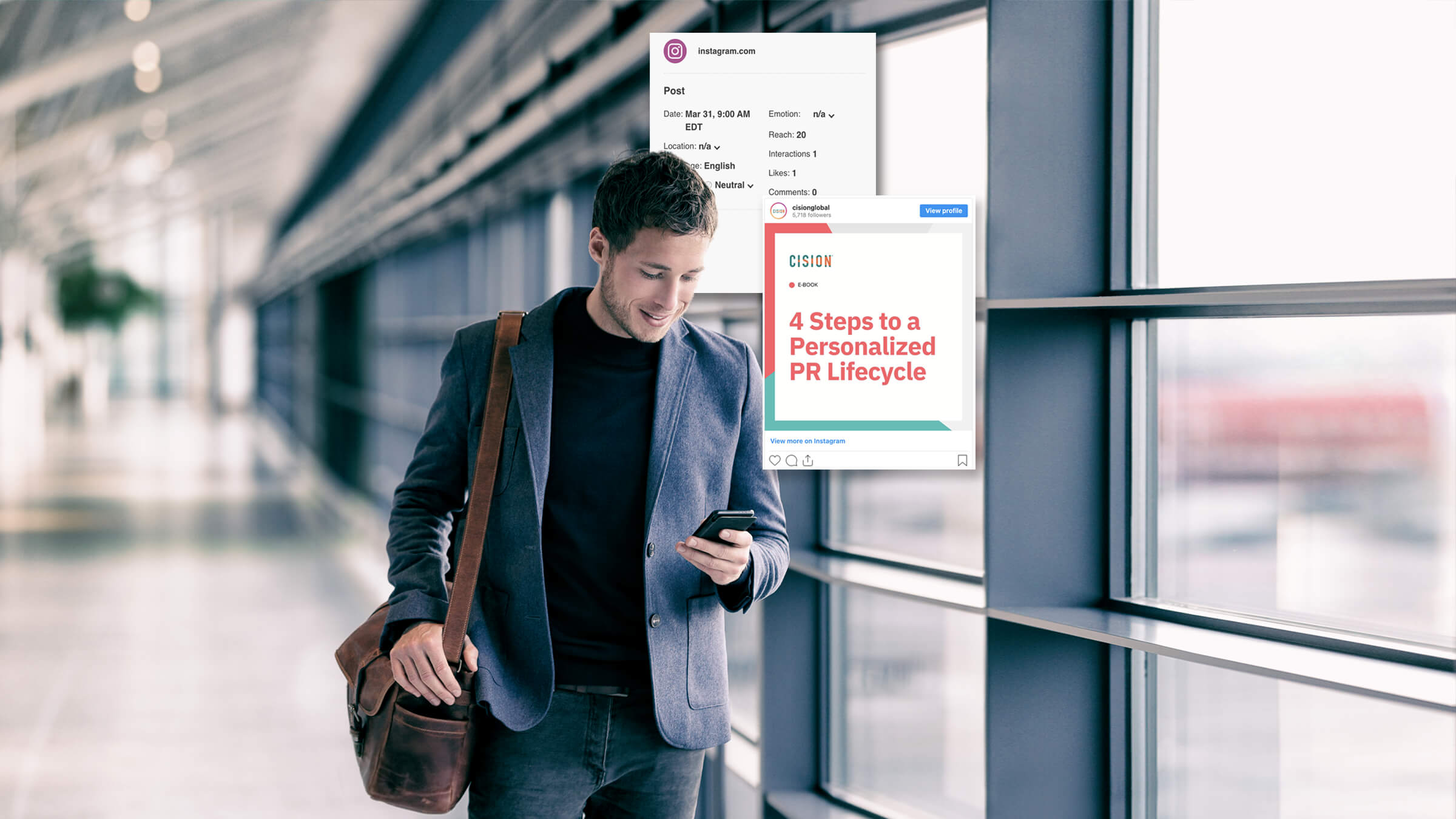 Young man walking through airport on smartphone