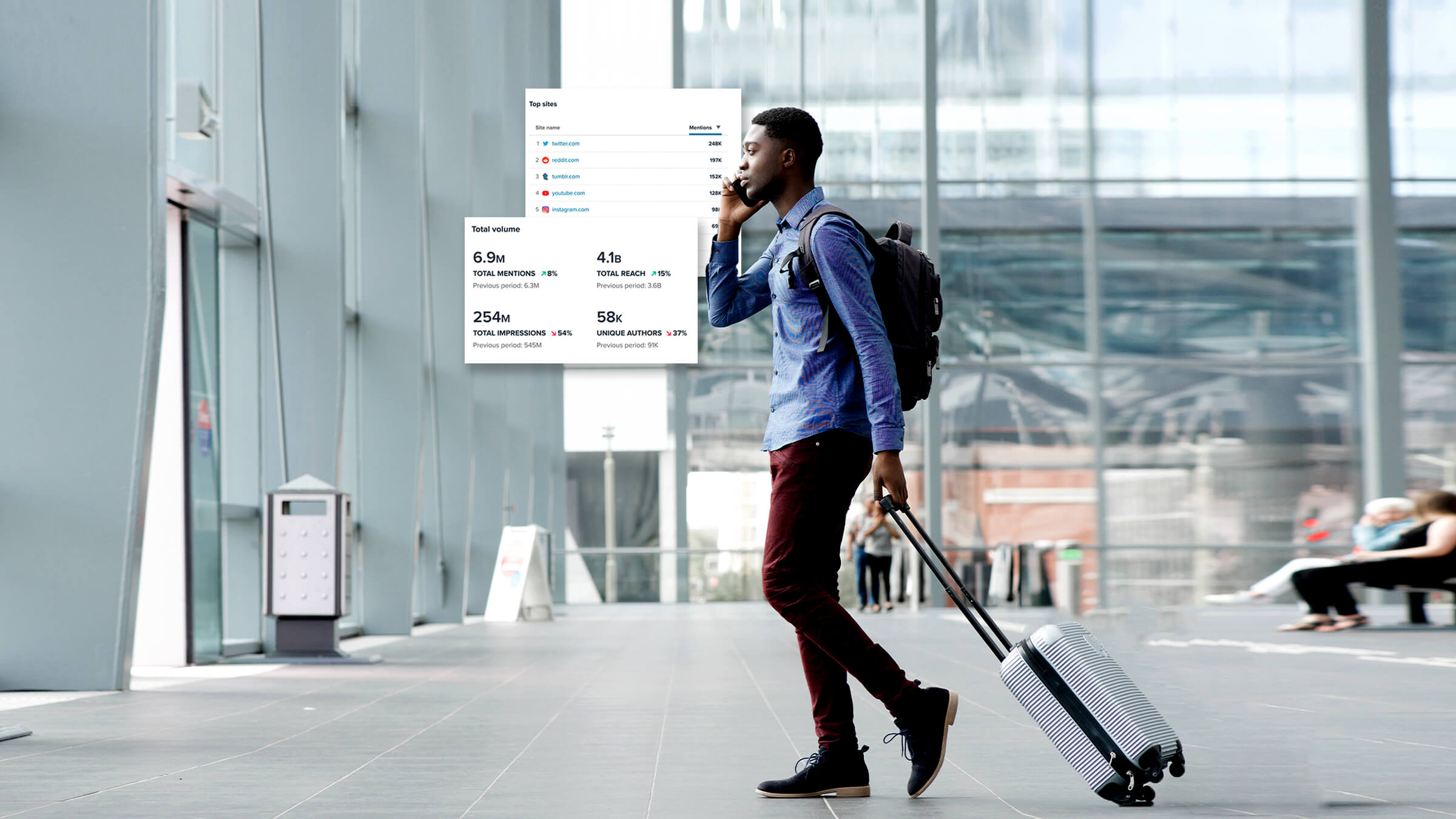 Young man walking through an airport on his phone