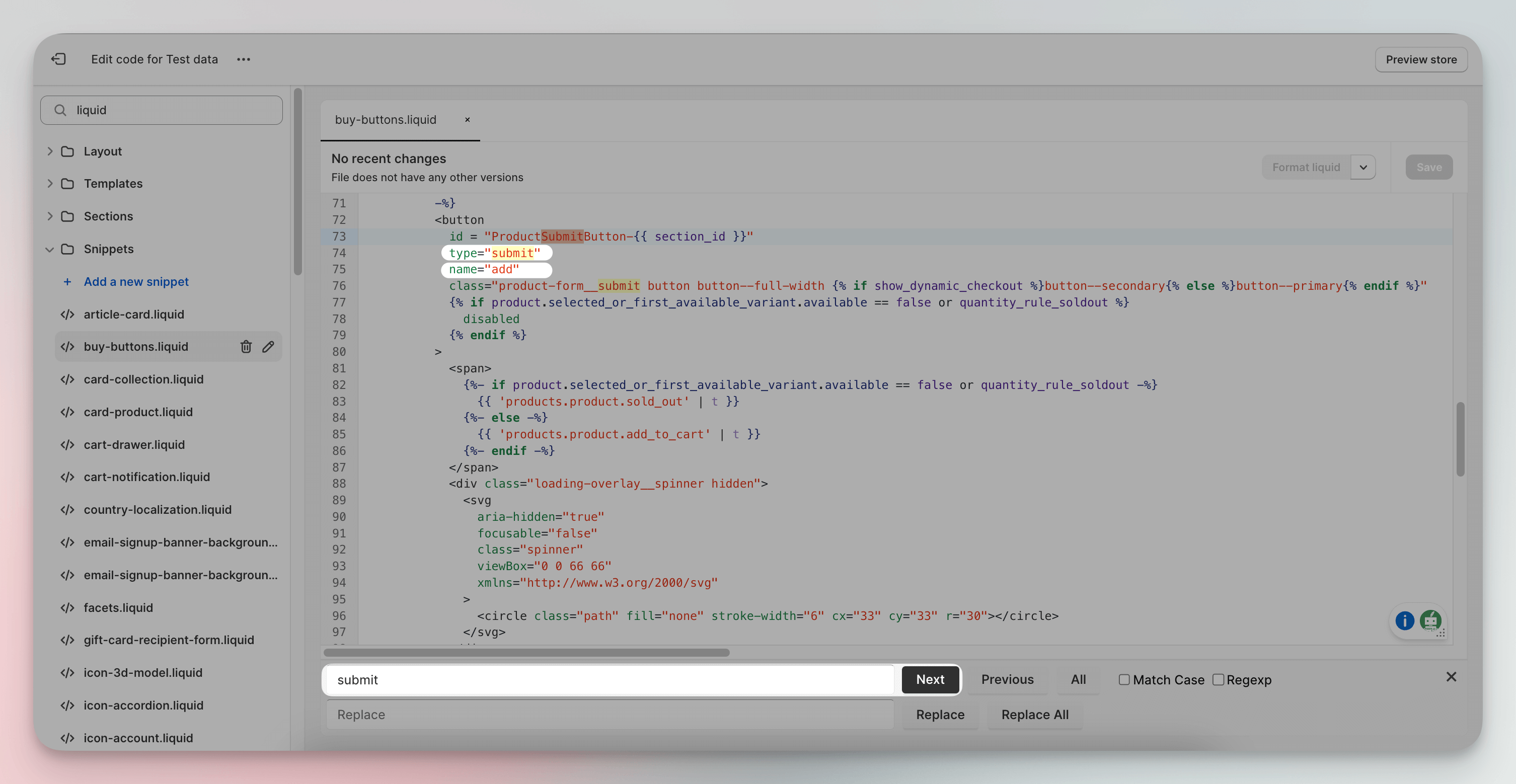 editing theme code find the button code