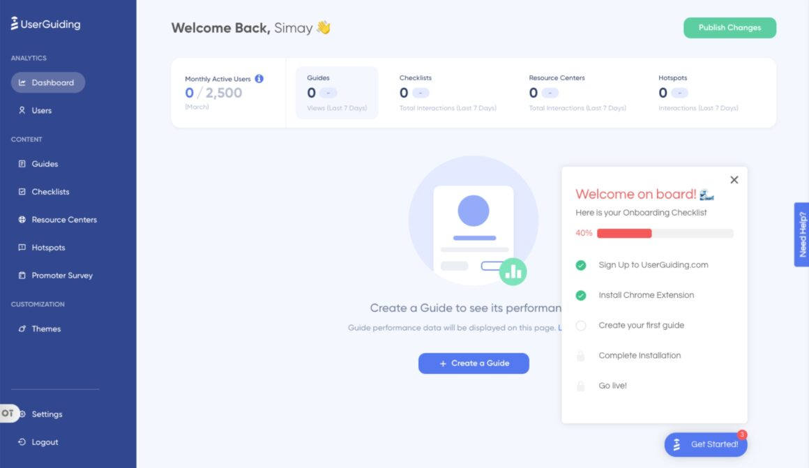 Dashboard view of Userguiding which is one of the most used user onboarding tools