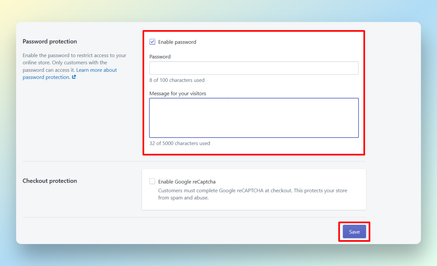 Shopify dashboard page showing step three of setting a password protection for maintenance mode