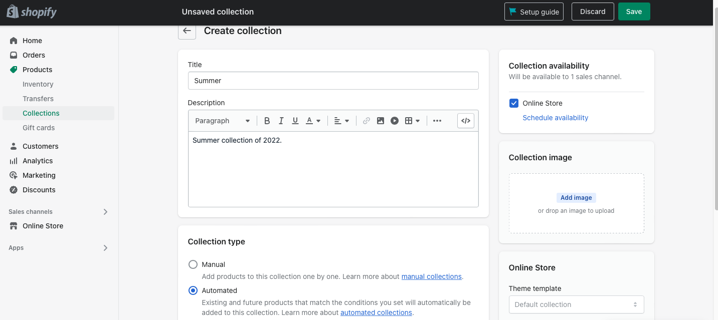 third step of filtering collections on Shopify