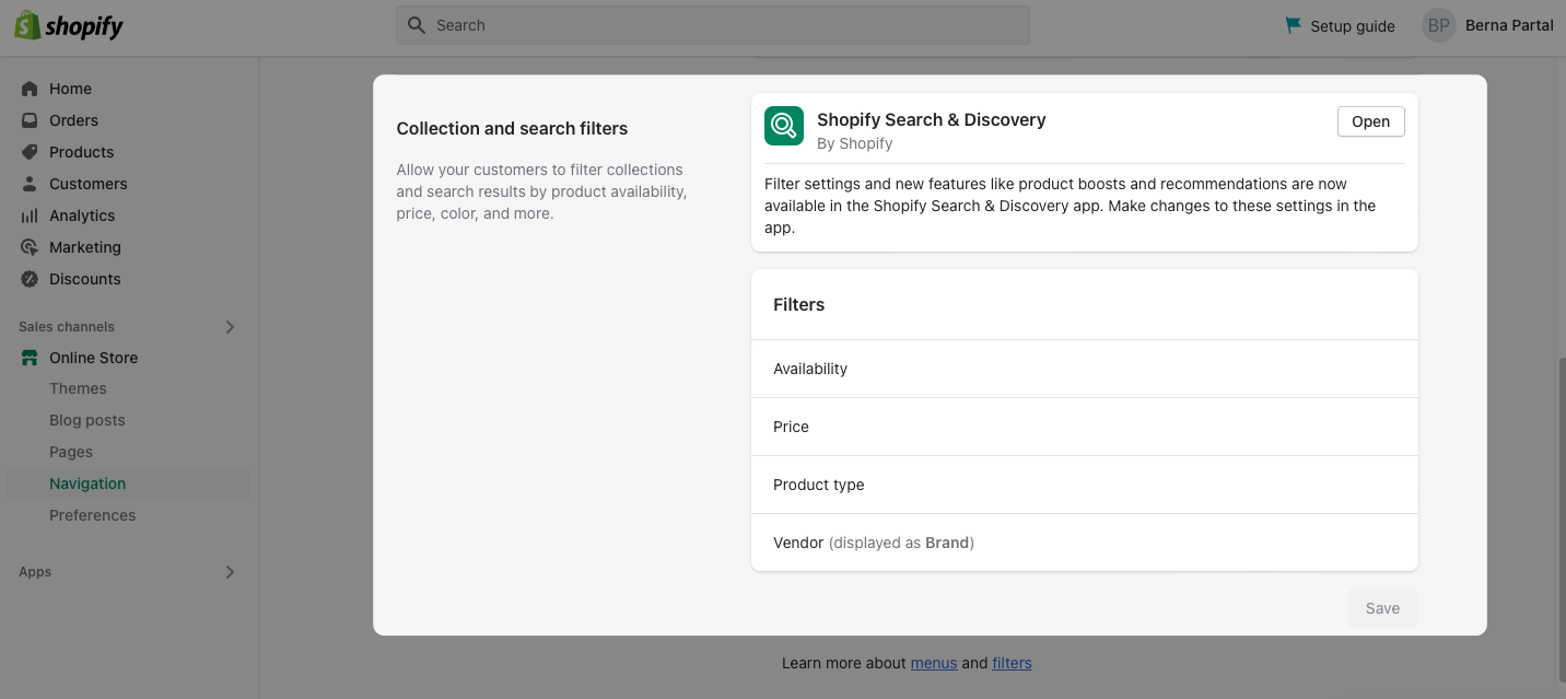 third step of adding Shopify filters through navigation