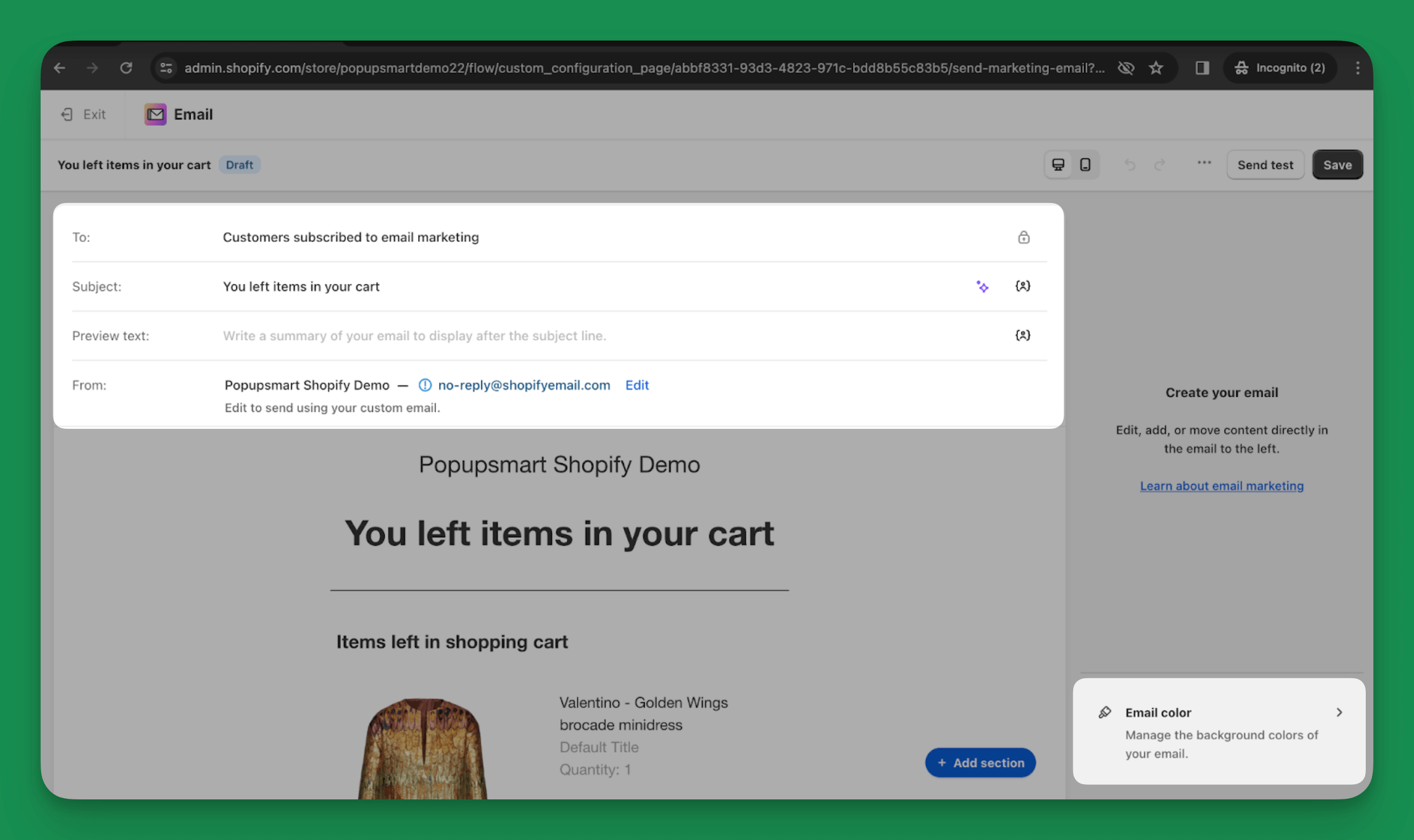 editing cart abandonment email content including to from preview text and subject line