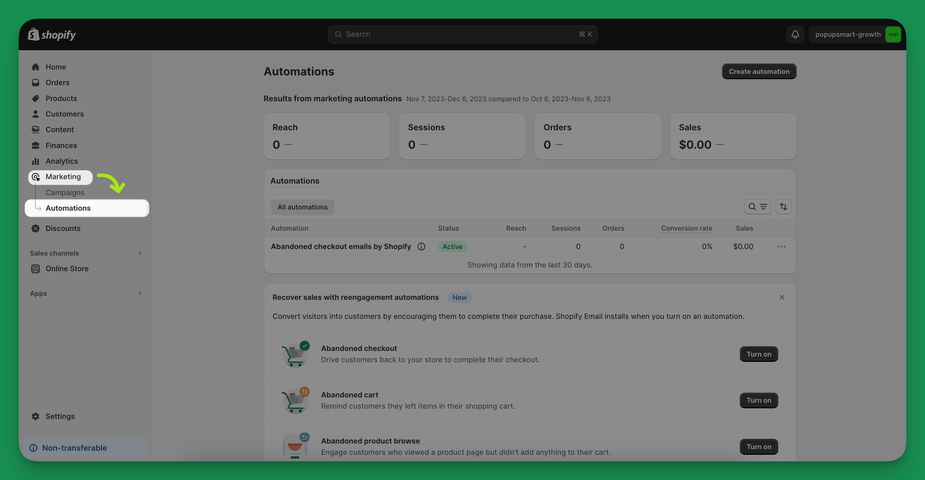 set up abandoned cart automation first step which is automations section