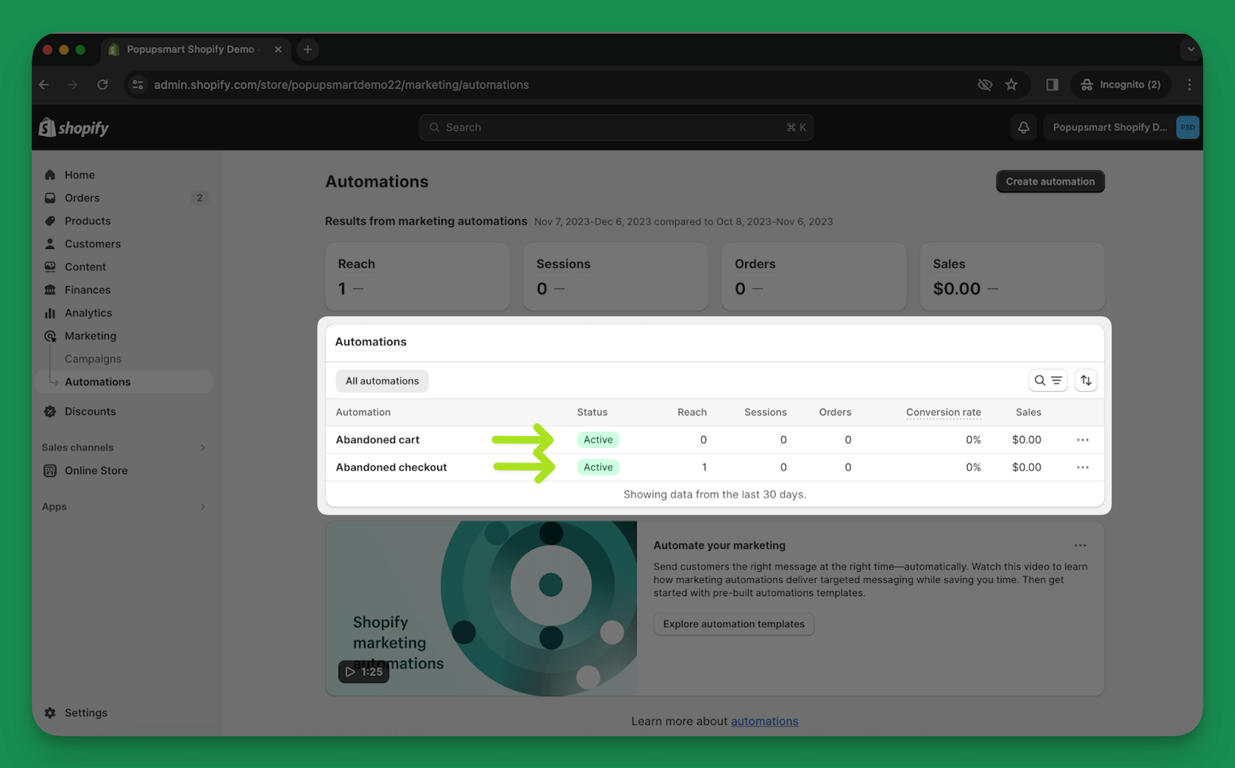 set up abandoned cart automation final step which is view of active label