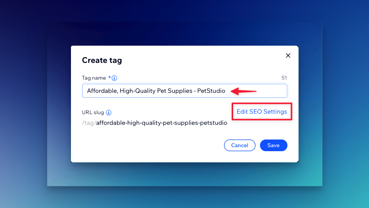 wix tag creation process in the dashboard