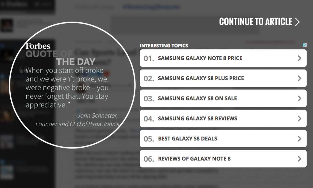 Interstitial popup example of forbes