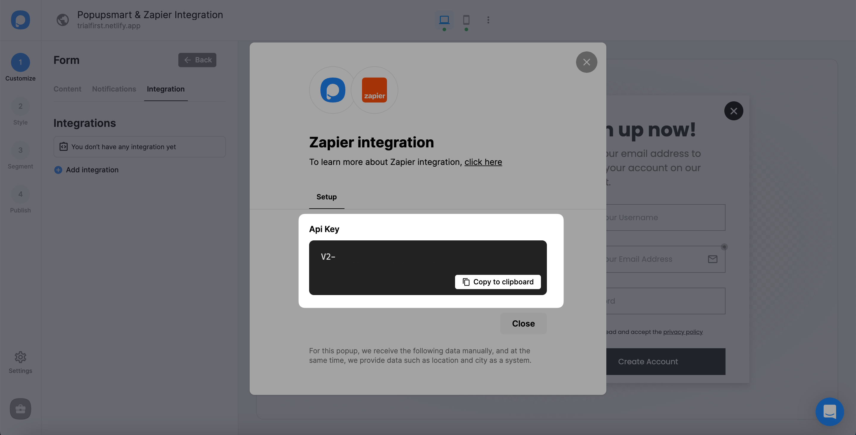 copy zapier api key