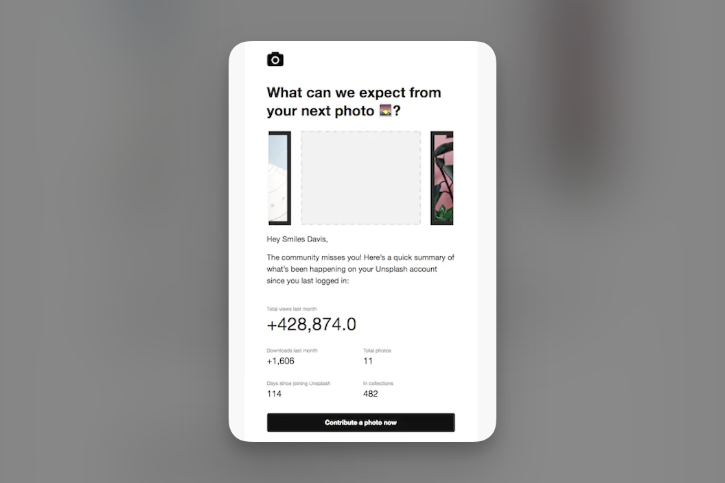 Personalized email example with the headline "What can we expect from your next photo?" with an empty frame below and an email text