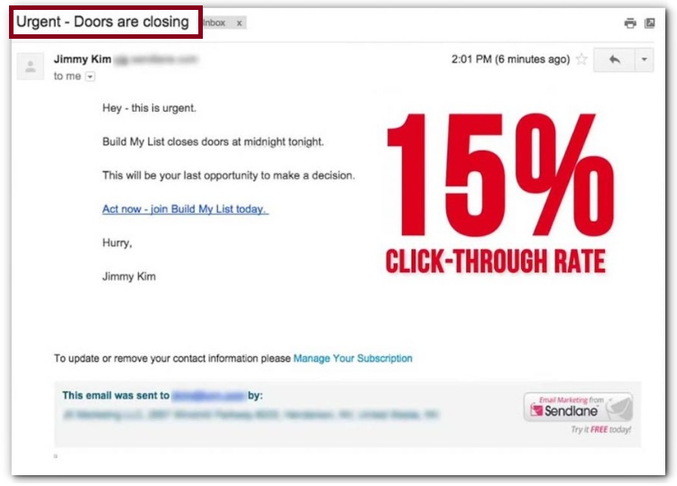 an example of an email subject line from Jimmy Kim on an email template with a massive sign of CTR rate