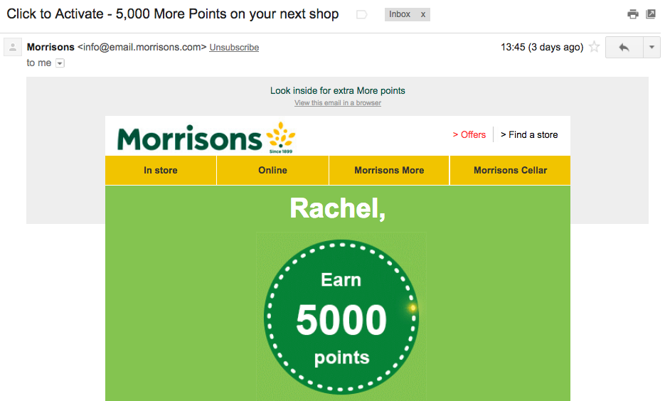 call-to-action-example with a green-oriented image and an email example from Morrisons