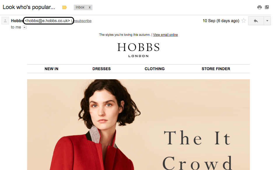 Familiar Name Subject Line Example: Hobbs with a woman face on the ads